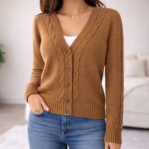 PURE ALFRED SUNG Camel Cotton Blend Cable Knit Cardigan Cozy Fall L